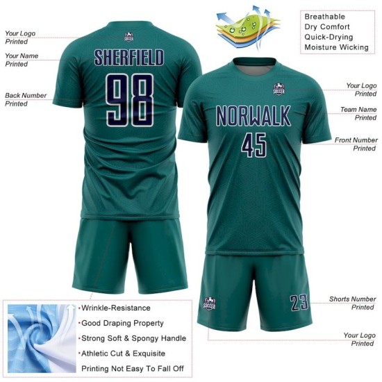 Custom Geometric Teal Jersey Navy-White Soccer Sports Shape Sublimation Uniform