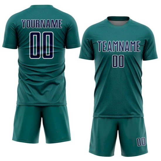 Custom Geometric Teal Jersey Navy-White Soccer Sports Shape Sublimation Uniform