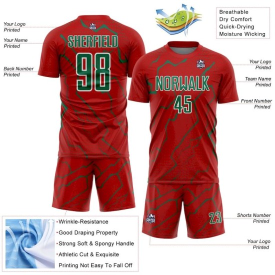 Red Sports Lightning Uniform Custom Kelly Jersey Soccer Green-White Sublimation