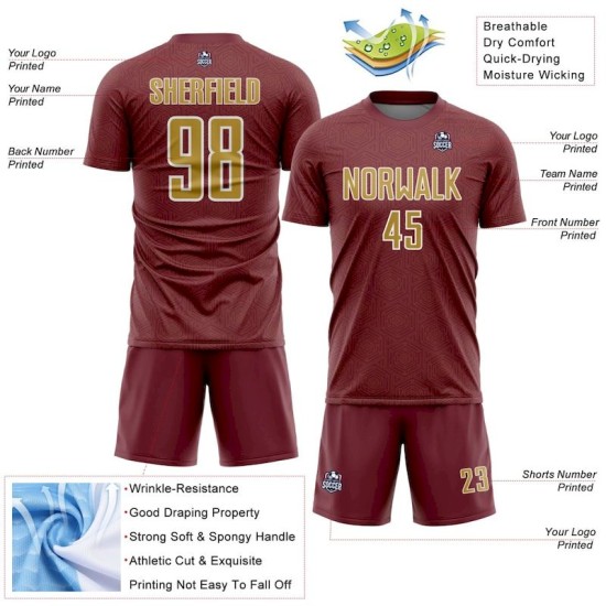 Soccer Sublimation Shape Burgundy Uniform Old Gold-White Custom Jersey Sports Geometric