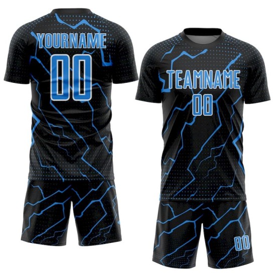 Sublimation Powder Custom Soccer Uniform Sports Lightning Blue-White Jersey Black