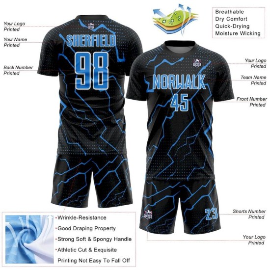 Sublimation Powder Custom Soccer Uniform Sports Lightning Blue-White Jersey Black